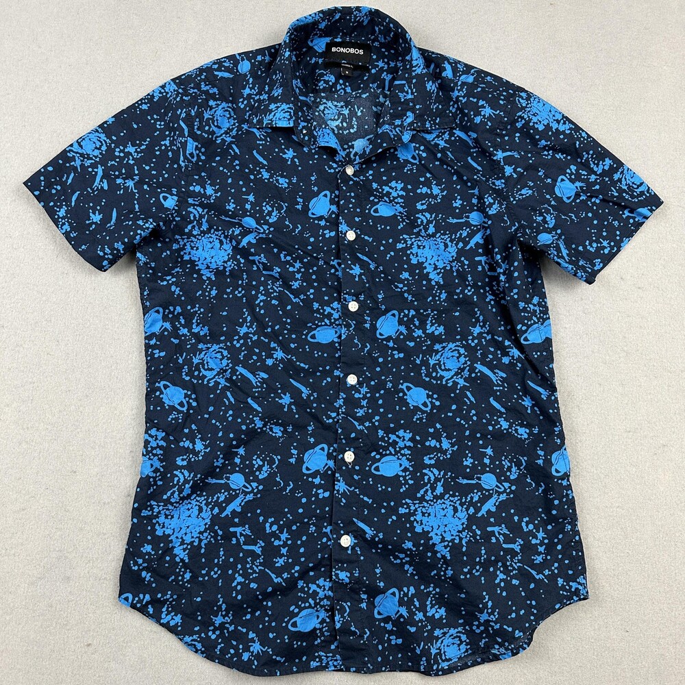 Bonobos Shirt Men Medium Blue Space Galaxy Print Short Sleeve Button Up Slim M